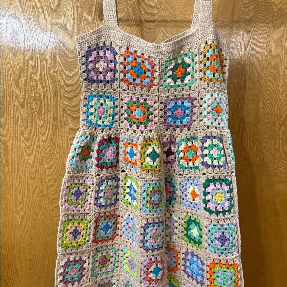 Multicolor Crochet Mini Dress w/Lace Up Back